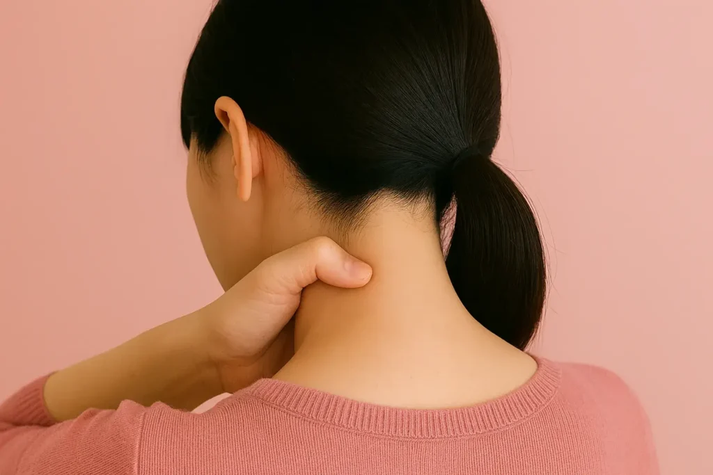 首の後ろのくぼみ(ぼんのくぼ)の生え際から、頭頂部に向かってもみほぐしている女性の画像