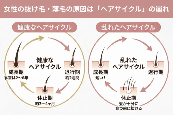 女性の抜け毛・薄毛の原因は「ヘアサイクル」の崩れ