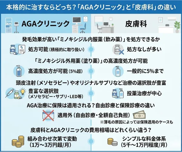 本格的に治すならどっち?「AGAクリニック」と「皮膚科」の違い