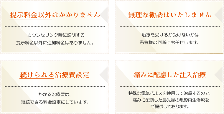 提示料金以外はかかりません　無理な勧誘はいたしません　続けられる料金設定　痛くないメソセラピーによる治療