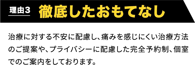 理由3 徹底したおもてなし 治療に対する不安に配慮し、痛みを感じにくい治療方法のご提案や、プライバシーに配慮した完全予約制、個室でのご案内をしております。