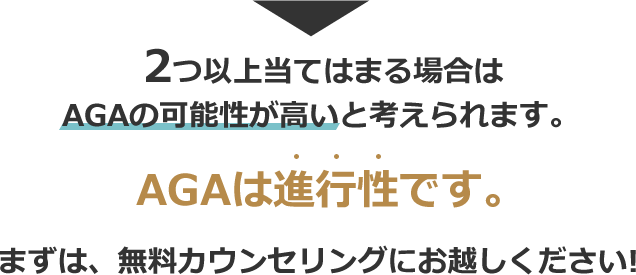 二つ以上当てはまる場合はAGAの可能性が高いと考えられます。AGAは進行性です。ますは無料カウンセリングにお越し下さい。